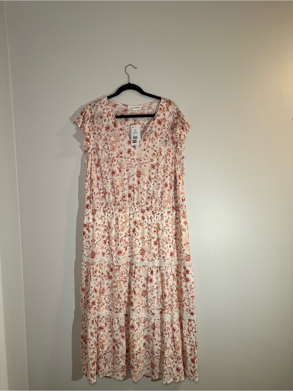 NWT Lucky Brand Pink Cream Floral Tiered Maxi Dress